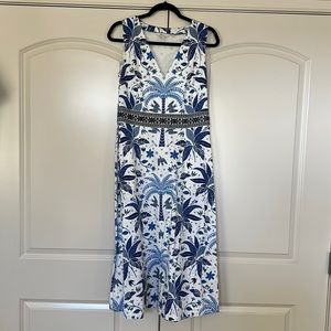 Boden cotton folklore dress embroidered waist blue white birds palms 8 Long